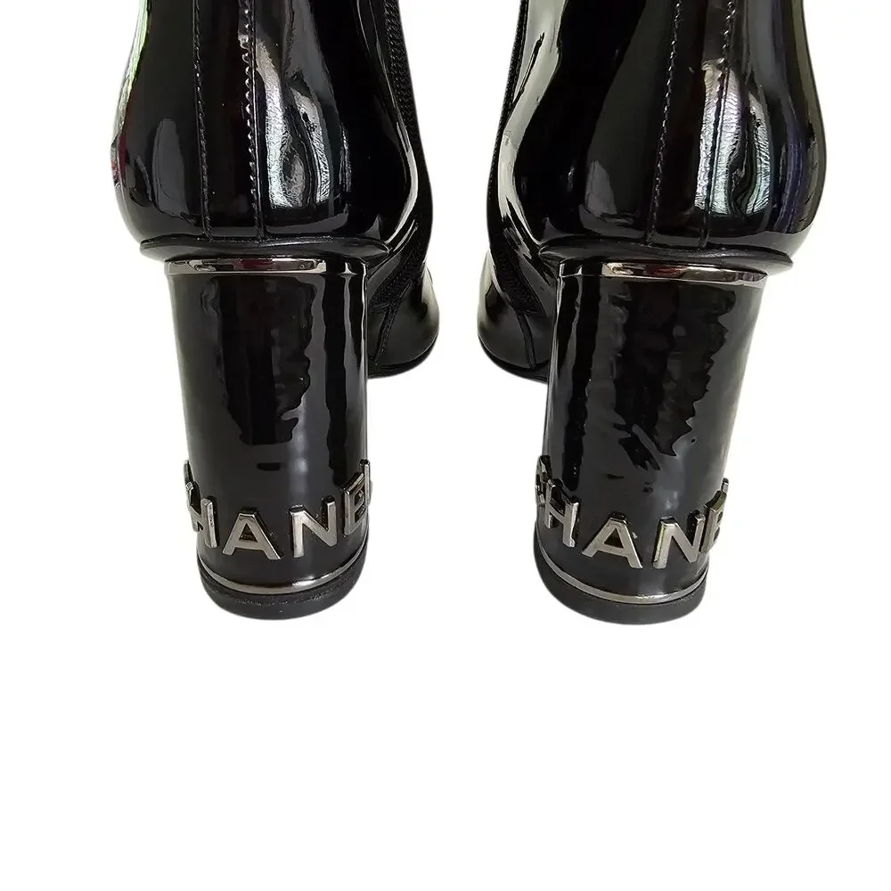 Chanel CC Cap Toe Logo Ankle Heel Boot Size 37.5 US 6.5 7 Black Patent Leather